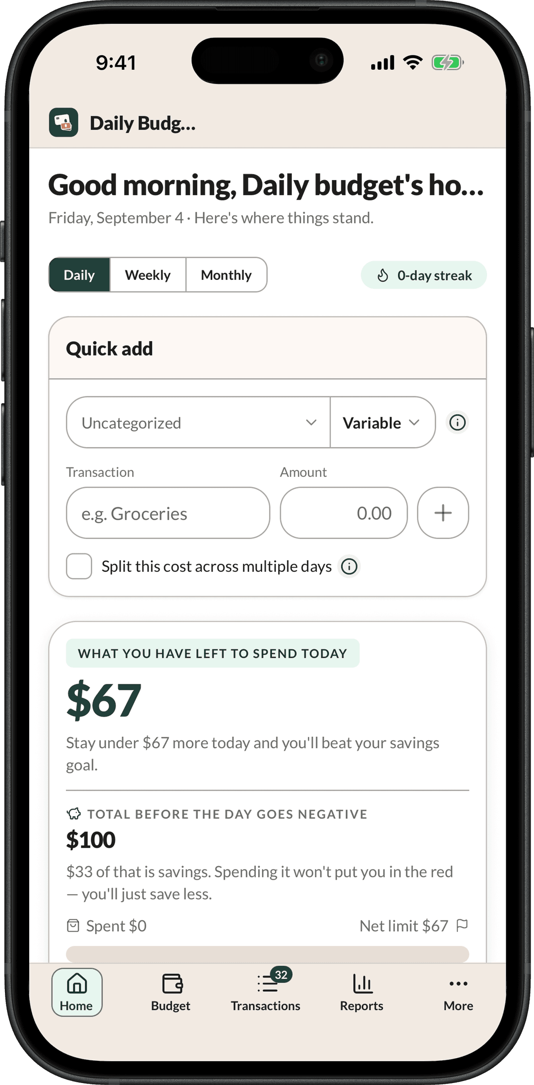 The Daily Budget app on an iPhone, showing the Home screen and what is left to spend today.